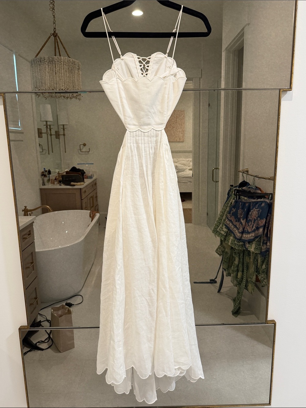 Zimmermann White Scalloped Lace-Up Spaghetti Strap Maxi Dress 0